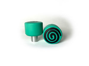 teal color round roller skate toe stop with a black swirl through it on a white background. 
