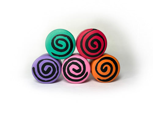 group photo of round shape toe stops. all toe stops pictured are in different colors. top left color is teal with a black swirl through it. right top is red with a black swirl through it. bottom left color is purple black swirl through it. bottom middle is a pink color with a black swirl through it. bottom right is an orange color with a black swirl through it. all on a white background. 